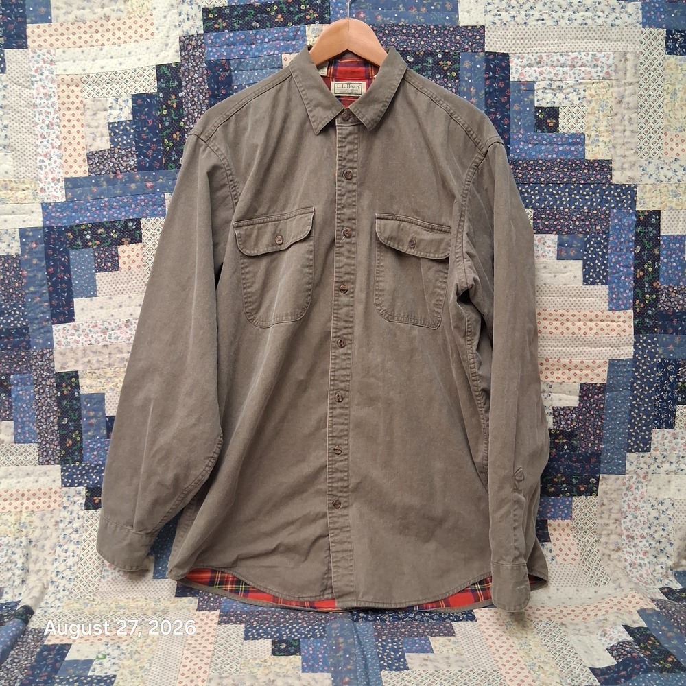 VTG LL Bean Hurricane Shirt Jacket L Large Tall Green Khaki Flannel Lined USA